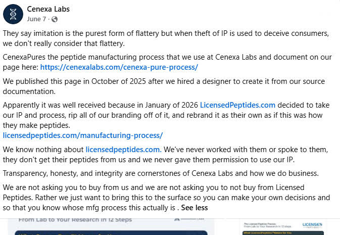 Public Facebook post by Cenexa Labs stating that its CenexaPure manufacturing process page was reproduced by another vendor
